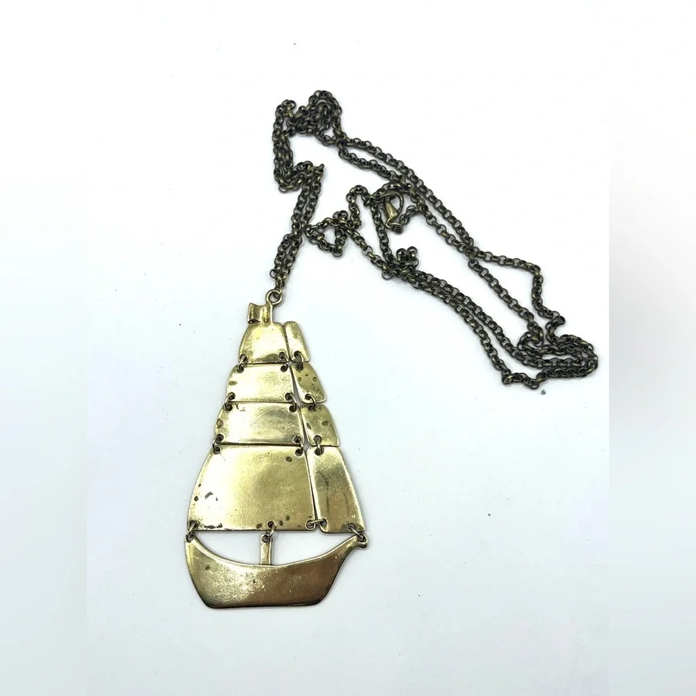 Nautical Ship Boat Brass Pendant  Necklace Oversized Articulated Ship - Picture 12 of 15